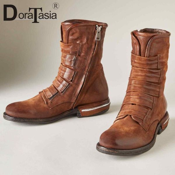 

doratasia retro wholesale female buckle zipper mid calf boots round toe med heel boots women casual daily shoes woman, Black