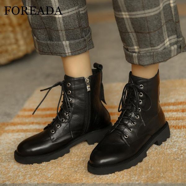 

boots foreada real leather woman med heel ankle lace up short zip thick ladies shoes autumn winter black yellow