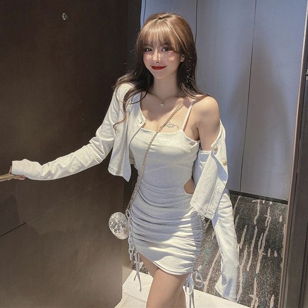 

women dresses drawstring pleated suspender hollow-out waist dress long sleeve sunscreen cardigan coat fashion casual two-piece suit women, White;black
