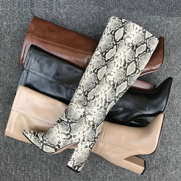 

колено aiweiyi new sexy high boots девушку snake print square высокие каблуки ботфорты мех скольжения на взлетно-посадочной полосы botas обу, Black