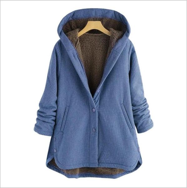 

plus size women long parkas coats vintage plaid thick fleece jacket winter female hooded warm asymmetrical button outerwear, Black;brown