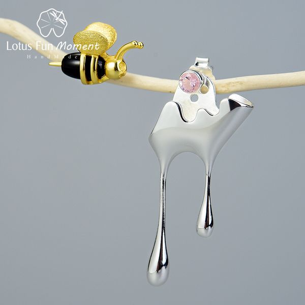 

lotus fun moment real 925 sterling silver handmade fine jewelry bee and dripping honey asymmetric stud earrings for women gift, Golden;silver