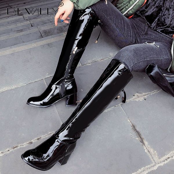

lsewilly new women knee high boots round toe thick heels patent leather nightclub fashion boots side zip platform winter, Black