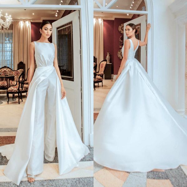

2021 white prom jumpsuit with detachable train jewel neck satin sleeveless evening dresses overskirt receiption gowns, Black;red