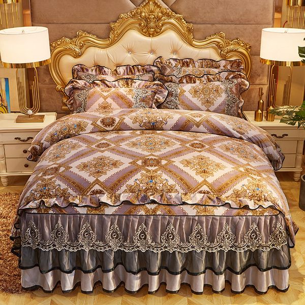 

fleece velvet ultra soft warm luxury winter bedding set vintage chic lace ruffles duvet cover with zipper bedskirt pillowcase