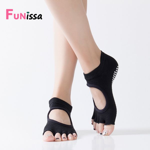 

sports socks yoga women knee high pilates hollow out fitness protection anti slip five-finger toe running for, Black