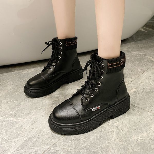 

plush warm winter boots solid black leather boots female ankle for women lace up platform women street style casual shoes