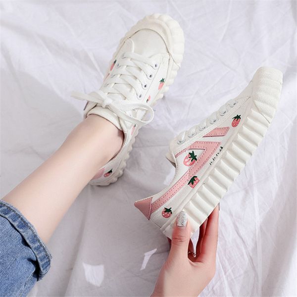 

women flatts strawberry printed sweet girls shoes causal lace up white shoes canvas 35-40 plus size, Black