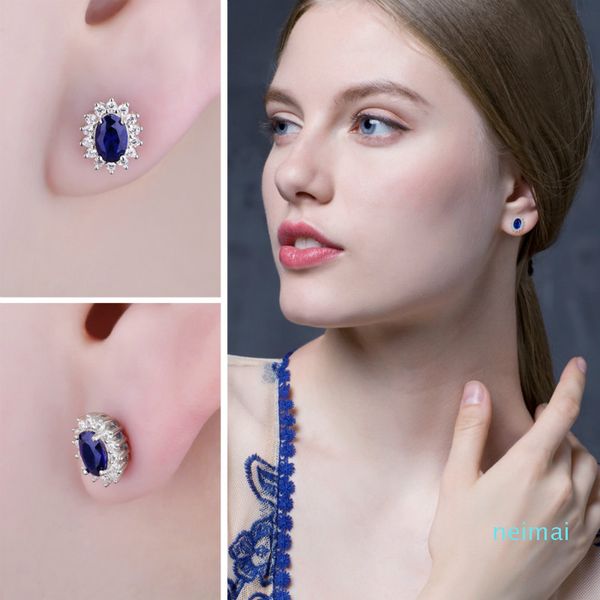 

jpalace diana created blue sapphire stud earrings 925 sterling silver earrings for women korean earings, Golden;silver