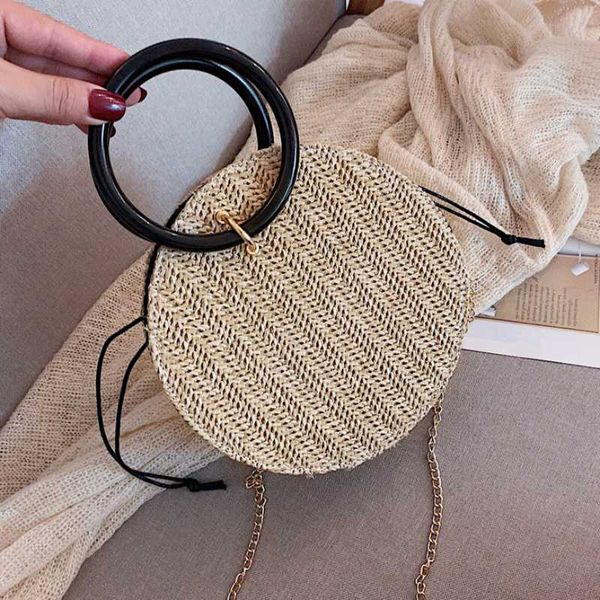 

solid color summer woven crossbody bags for women 2020 casual round shoulder handbags beach bag