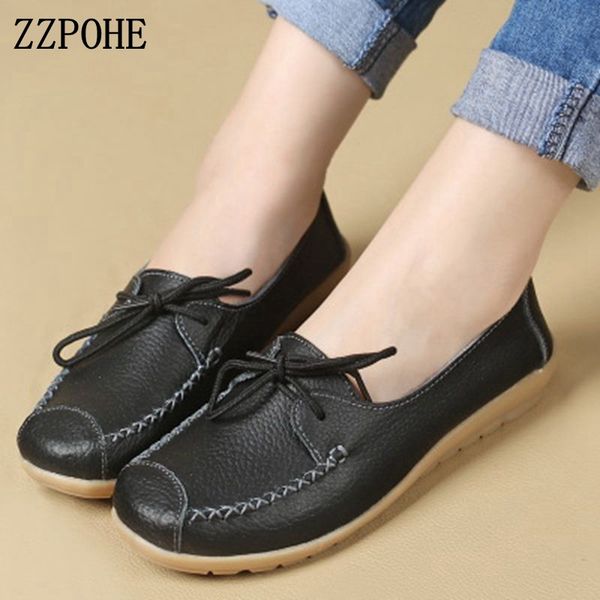 

zzpohe women flats shoes 2020 spring autumn fashion woman leather lace up casual peas shoes female non-slip outdoor, Black