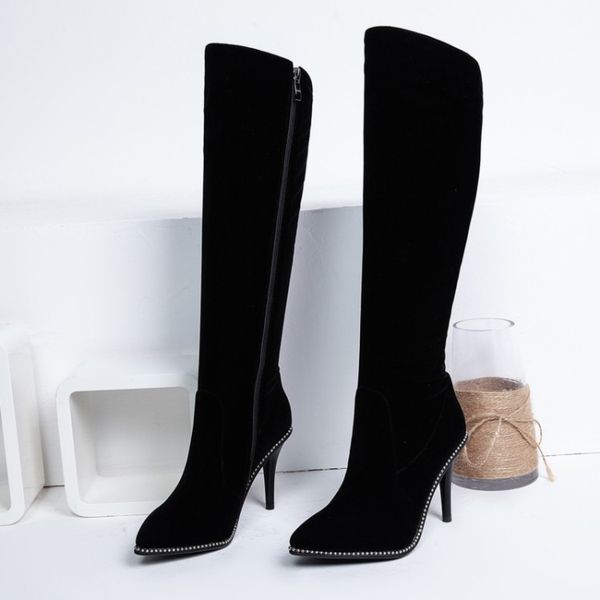 

plus size 11 12 thigh high boots knee high boots over the knee women ladies side zipper with pearl trim, Black