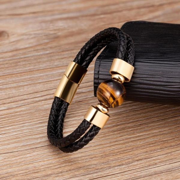 

new punk leather men bracelet charm stainless steel magnet mens jewelry 12 style natural round stone beaded bracelet friend gift, Golden;silver
