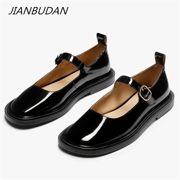 

jianbudan square toe leather shoes women's fashion business office flat shoes patent leather autumn flat heel shallow, Black