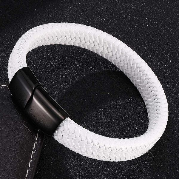 

trendy white leather braided men bracelet bangles 3 colors magnetic clasps male wrist band fashion jewelry bracelets gifts 0006, Red;blue