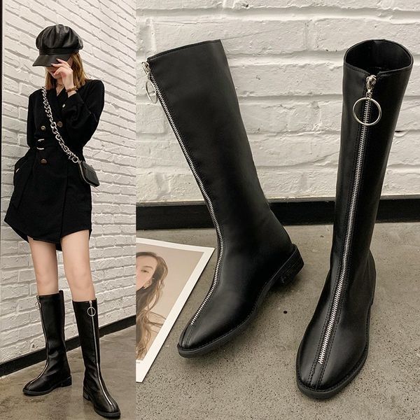 

2020 new boots women's leather boots british style spring and autumn single high-knight ladder of b, Black
