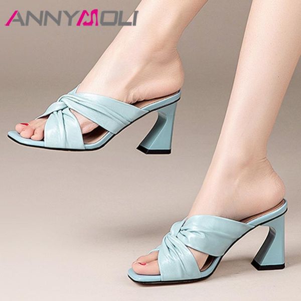 

annymoli pleated genuine leather high heel slippers women shoes square toe strange style heels slides summer sandals beige blue, Black