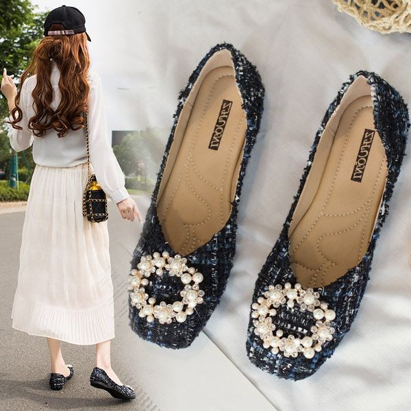 

spring summer women flats square toe slip on flat shoes pearl boat shoes female loafers tweed plaid office ladies 8181l, Black