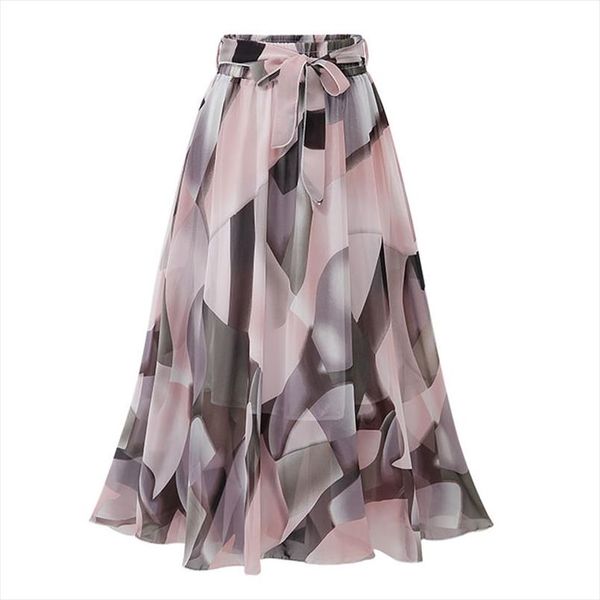 

2020 летняя vogue шифон плиссированные юбки миди эластичный пояс урожай цветочные печатный лук линия casual holiday beach юбка женский, Black