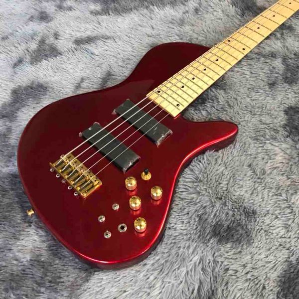 Metalik Kırmızı Tereyağı 5 Dizeleri Kül Ahşap Bas Gitar Boyun Vücut 9 V Aktif Pikaplar Elektrik Bas