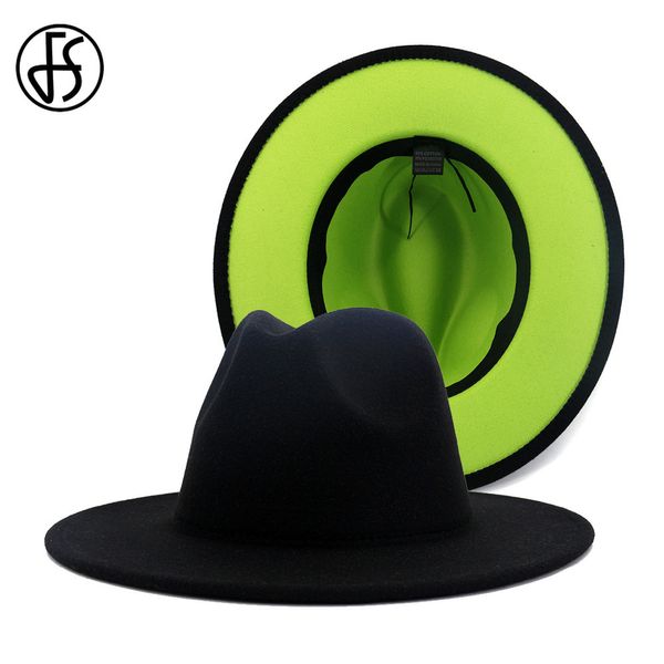 FS 2020 60CM Black Hat Verde Patchwork Fedora Hats Homens Mulheres Aba larga Panamá Cowboy Trilby Cap Partido lã elegante feltro Jazz Hat CX200819