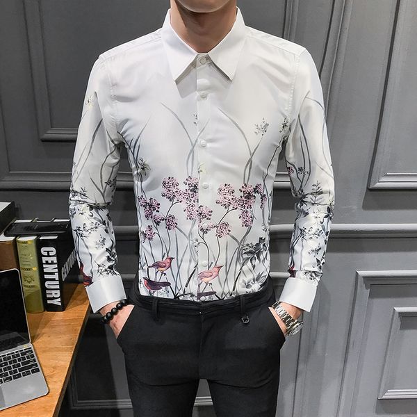 

brand new shirt men 2020 spring casual mens floral shirts slim fit long sleeve night club party/prom tuxedo dress men, White;black