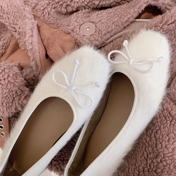 

square toe bowtie ballet flats casual shoes women popular autumn new white fur shoes, Black