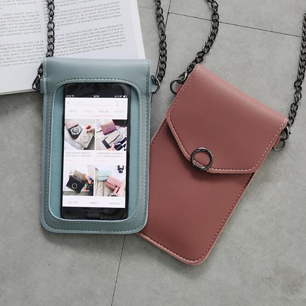 

women female pu leather wallets fashion transparent touch screen phone bag crossbody credit bank card case with strap long chain