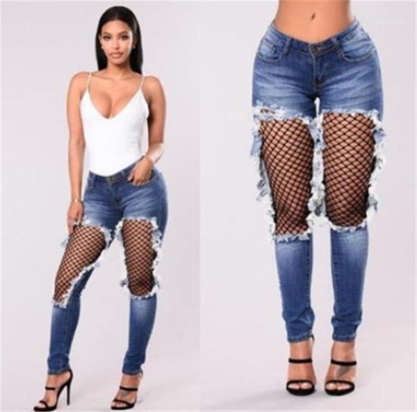 

patchwork jeans summer holes jean pencil pants with pockets girls mid waist fashion tassel jeans womens designer fishnet, Blue