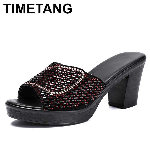 

timetang women slippers 2020 ladies summer genuine leather slippers shoes women high heels fashion rhinestone summer shoes, Black