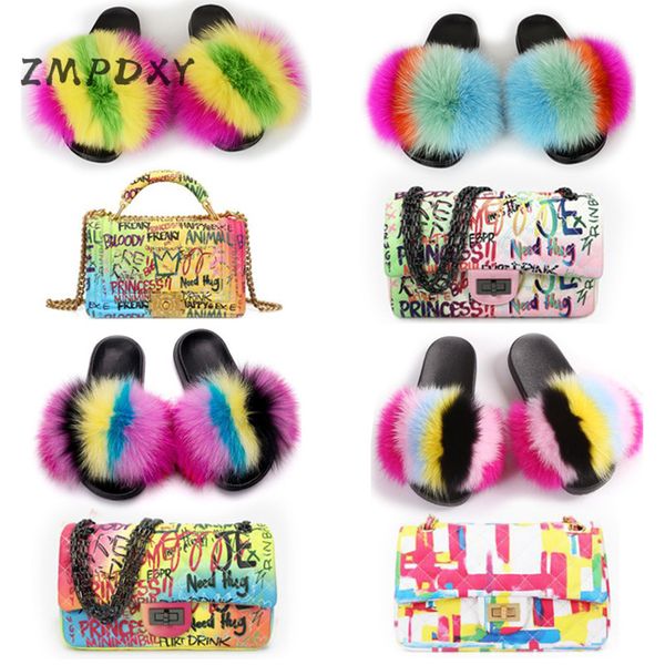 

women's fluffy real fur slides ladies crossbody phone purse furry slippers graffiti handbag rainbow wallet shoes set sandals, Black