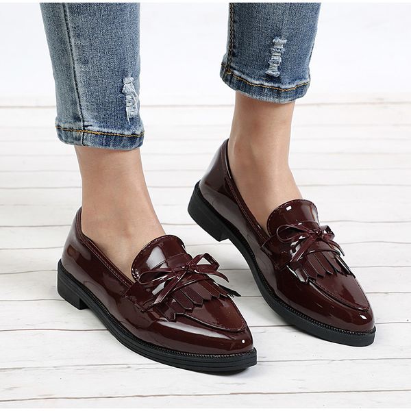 

derby women leather brand oxfords tassel bowtie female casual pointed toe slip on flats ladies comfort autumn brogue shoes, Black