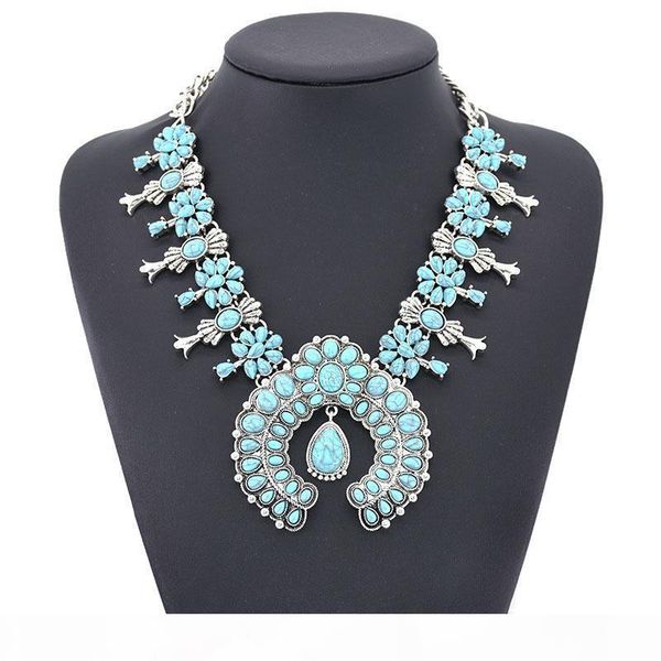 

europe and the united states fashion bohemian wind turquoise flowers pendant alloy necklace yiwu factory direct, Silver
