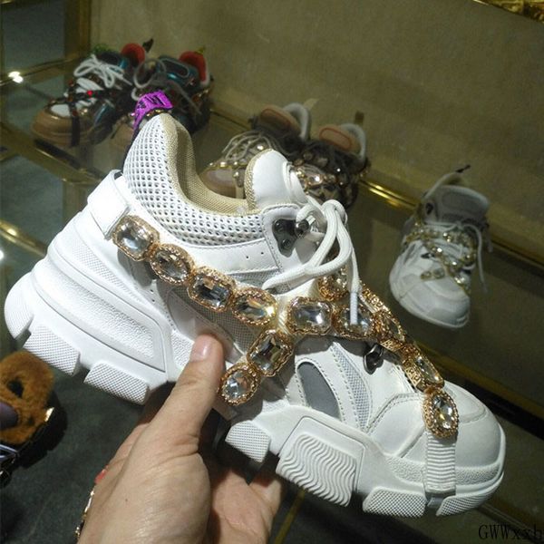 

crystal metal decoration sneakers women men handmade mixed colors platform trainers chain genuine leather shoes, Black