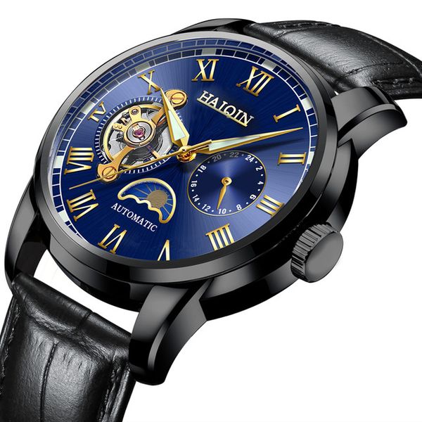 

2020new fashion mechanical haiqin men watches high-end business luxury sport waterproof leather wristwatch reloj hombre, Slivery;brown