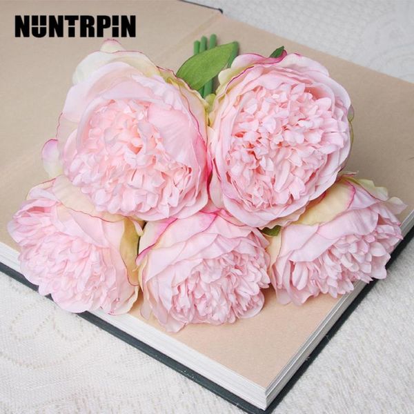 

5 big heads artifcial peony flowers silk flower wedding bouquet decor white peony home display fake flower pack heart pink rose