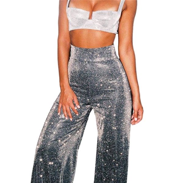 

женских sequined штанов высокой талии брюки сплошного цвета партия сыпучий zipper wide leg днище clubwear женские брюки streetwear, Black;white