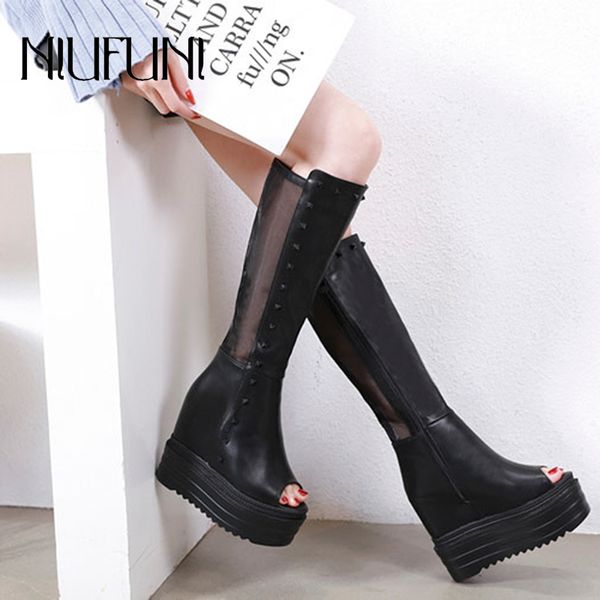 

boots genuine leather peep toe mid calf women's solid color rivet snow wedges high heels sleeve nightclub women shoes, Black