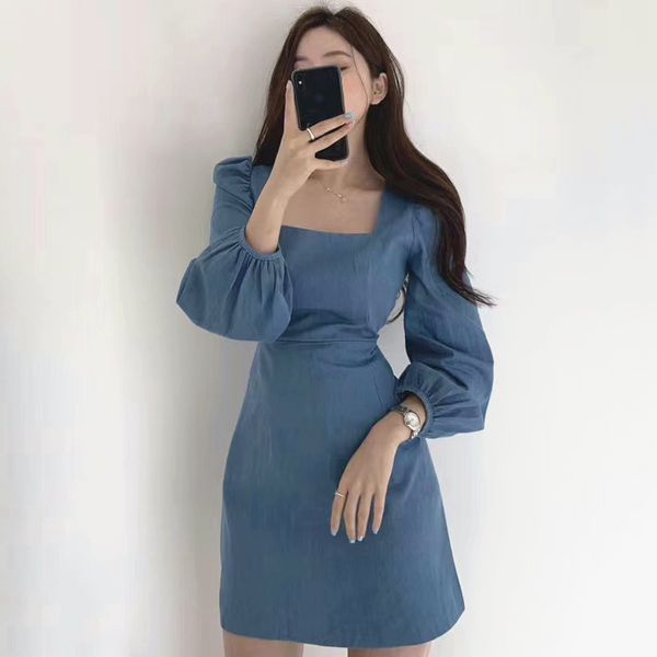

zcsmll korean chic square collar leaking collarbone slim body high waist bag hip bubble sleeve short dress female, Black;gray
