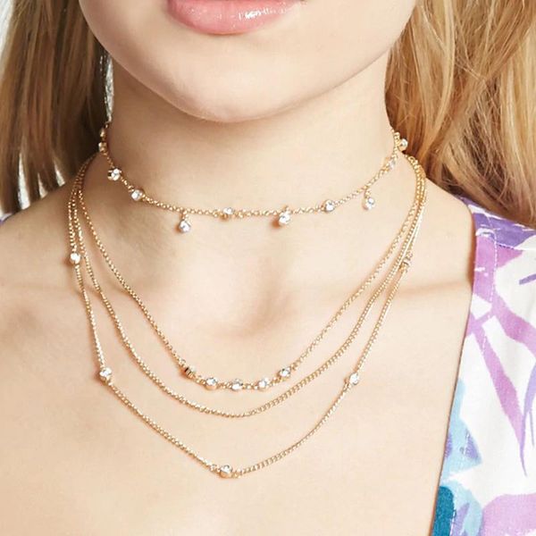 

new personality multilayer crystal pendant necklace women fashion exquisite statement clavicle chain choker necklaces jewelry, Silver