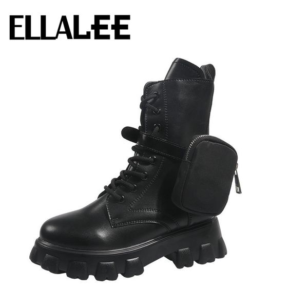 

западная boots женщина 2020 новых толстой подошва casual узелок ботинок женщин trend молния кошелек пряжка мотоцикл полусапожки обувь, Black