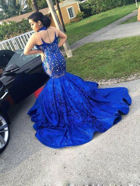 

royal blue high neck evening dresses new court train applique beaded lace long sleeve mermaid formal prom party gowns hollow back, Black;red