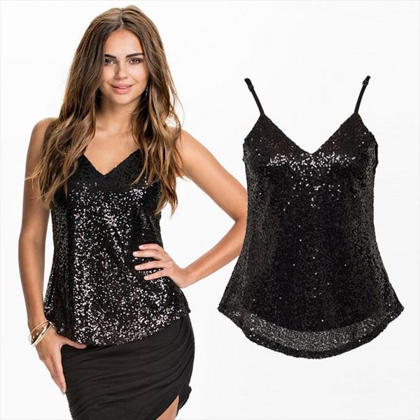 

women sequins tank v neck spaghetti strap solid metallic shiny vest crop tunics female clubwear black, White