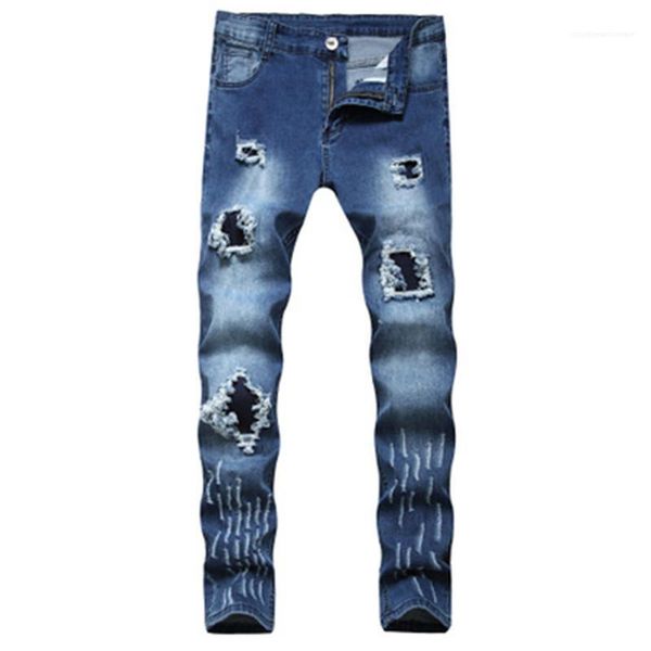

hop ripped blue skinny stretch casual slim leg streetwear distressed biker jeans male denim pants designer mens jeans holes frayed hip