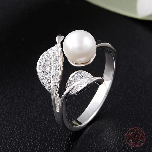 

s925 sterling silver fashion leaf resizable ring setting pearl and zirconia diamonds romantic jewelry party gift for girl friend, Golden;silver