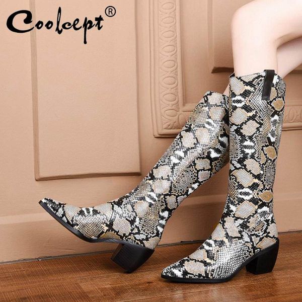 

boots coolcept plus size 34-46 knee high women 2021 ins fashion snake print winter autumn shoes casual party heels, Black