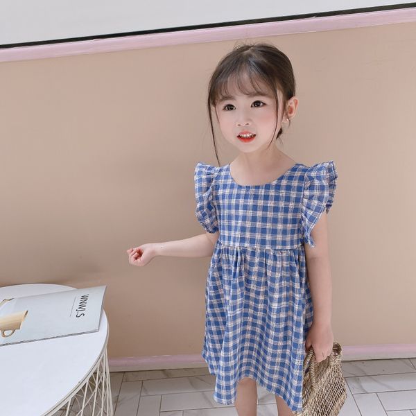 

girls' short-sleeved princess dress 2020 summer striped plaid pastoral style backless fashionable cotton breathable korean princess dre, Black;gray