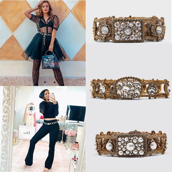 

deepeel 1pc 3-4cm*80-90cm women creative chain stitching pearl rhinestone cummerbunds female apparel accessories decoration belt, Black;brown