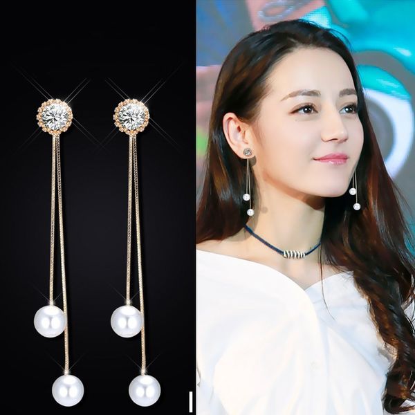 

dangle & chandelier korean temperament wild pearl earrings long simple atmospheric female super flash zircon girlfriend gift, Silver