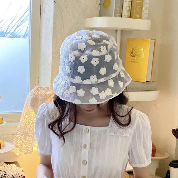 

retro temperament hollow mesh flower lace fisherman hat female summer thin sun hat, Blue;gray